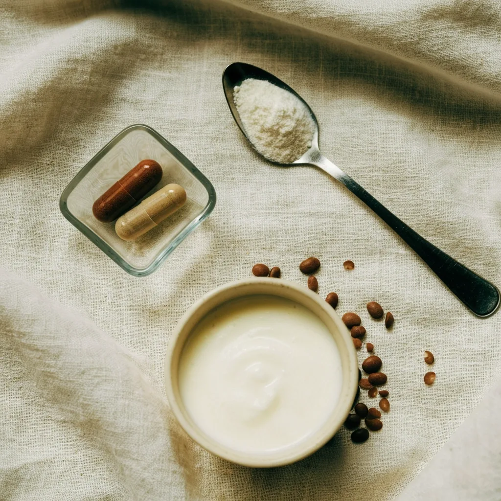 An unlabelled capsule and a spoon of powder compared side by side on a table