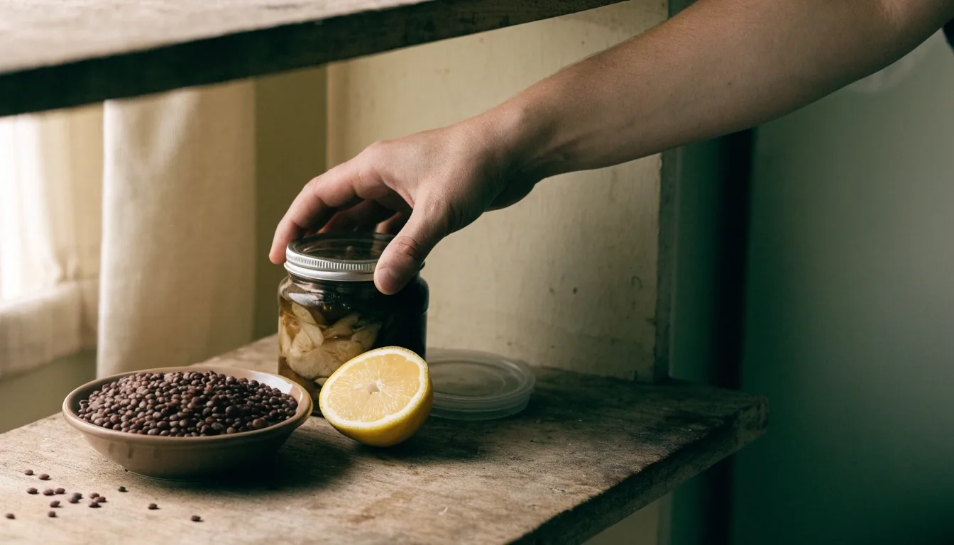Everyday zinc and vitamin C food sources laid out on a kitchen counter in morning daylight