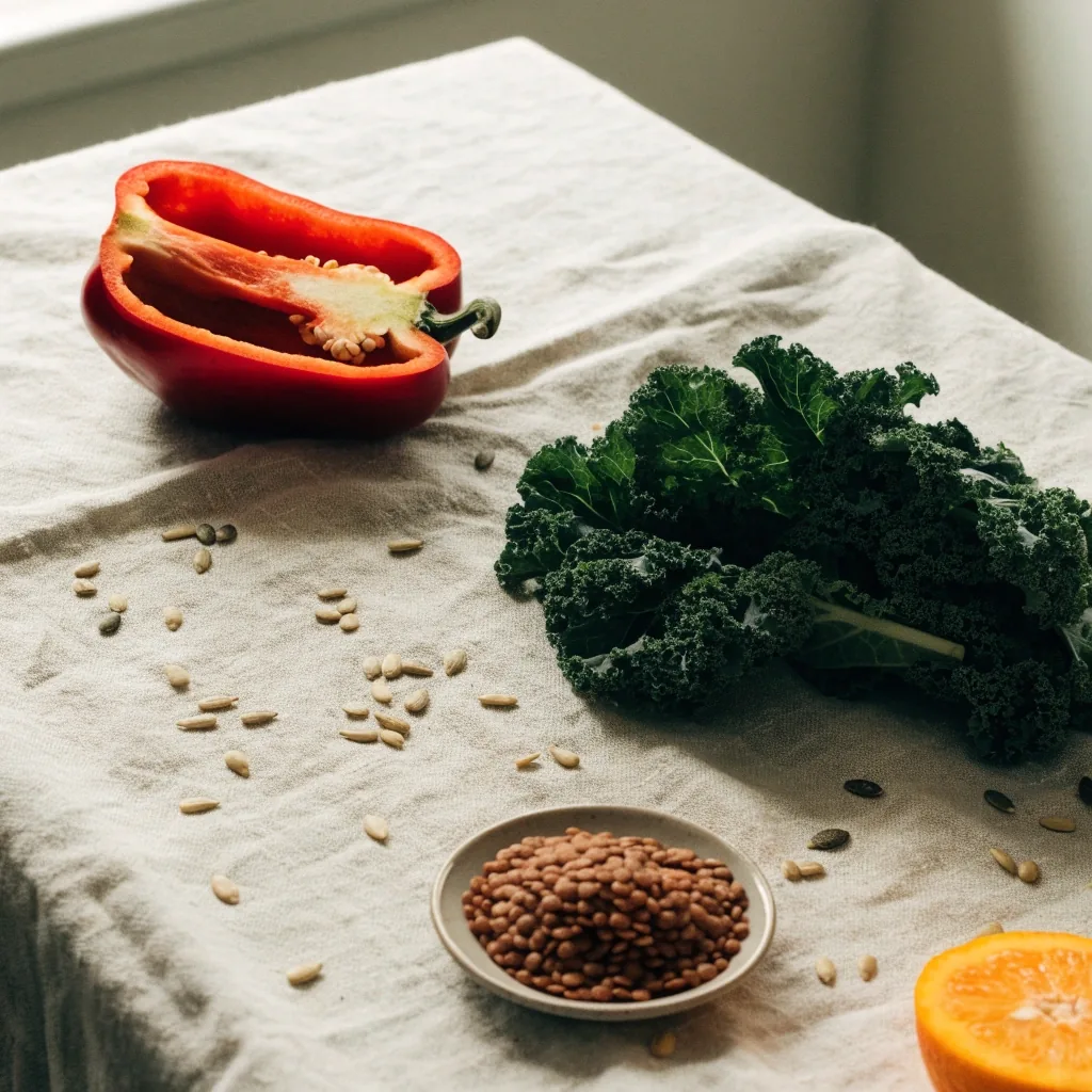 Peppers, kale, lentils, seeds and an orange arranged on a linen cloth