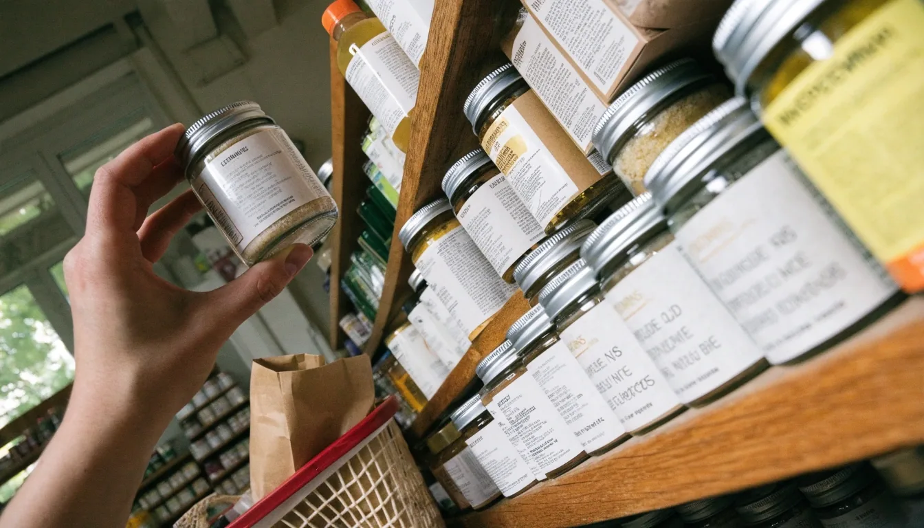 Shoppers reading the back of supplement packaging in a crowded shop aisle