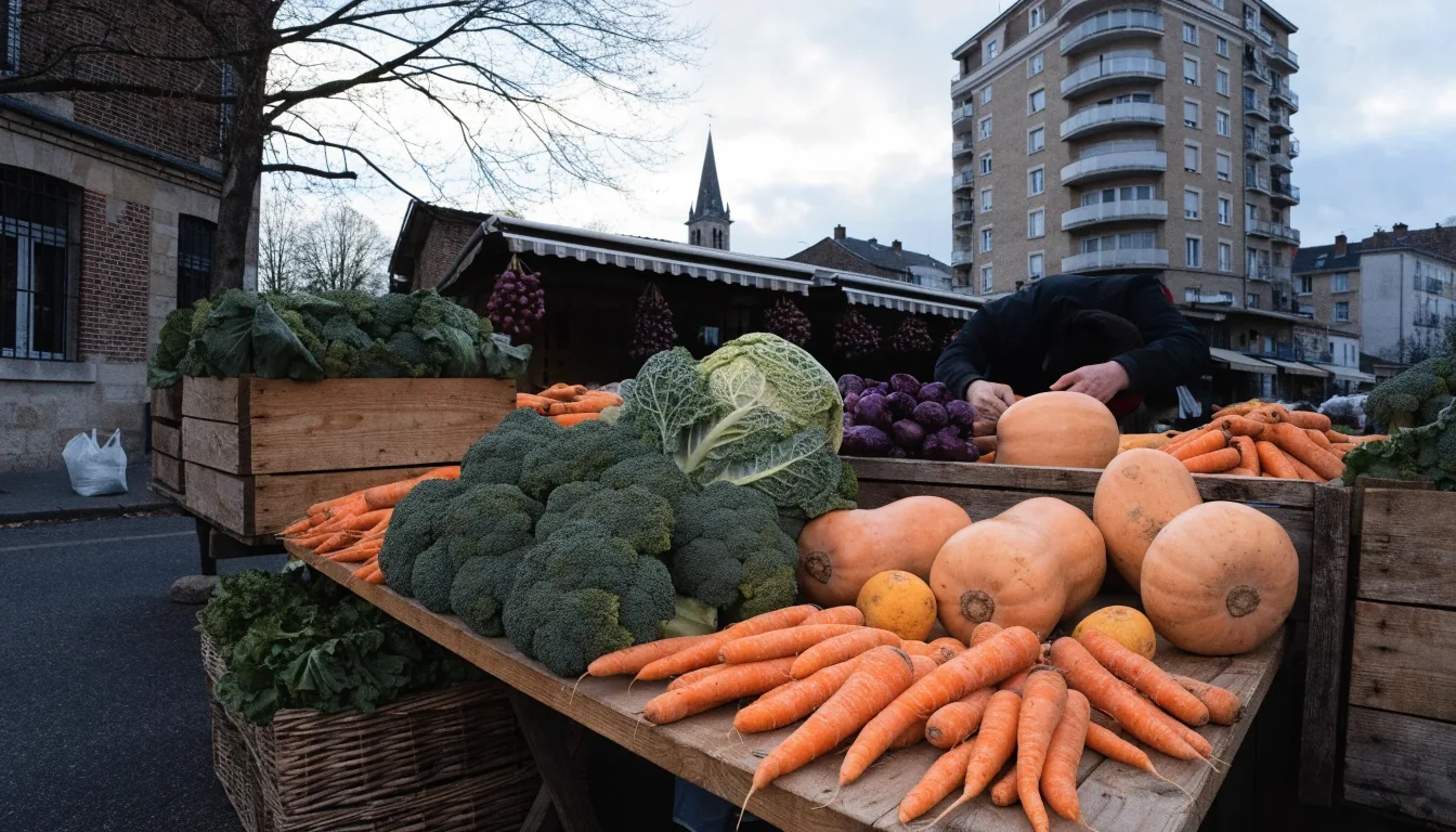 A late-autumn French market stall heaped with broccoli, cabbage, squash and carrots