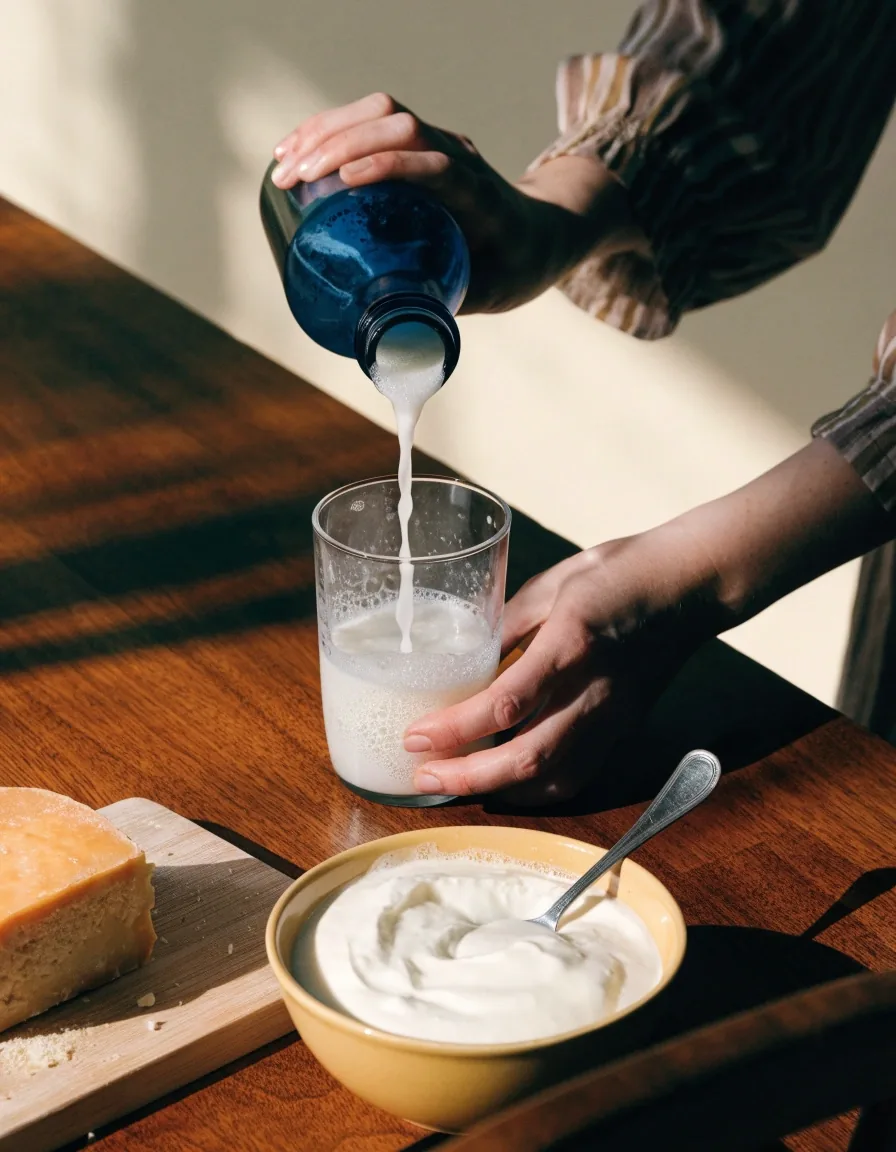 A glass of milk kefir beside an open jar of yogurt and a board of aged cheese on a kitchen table