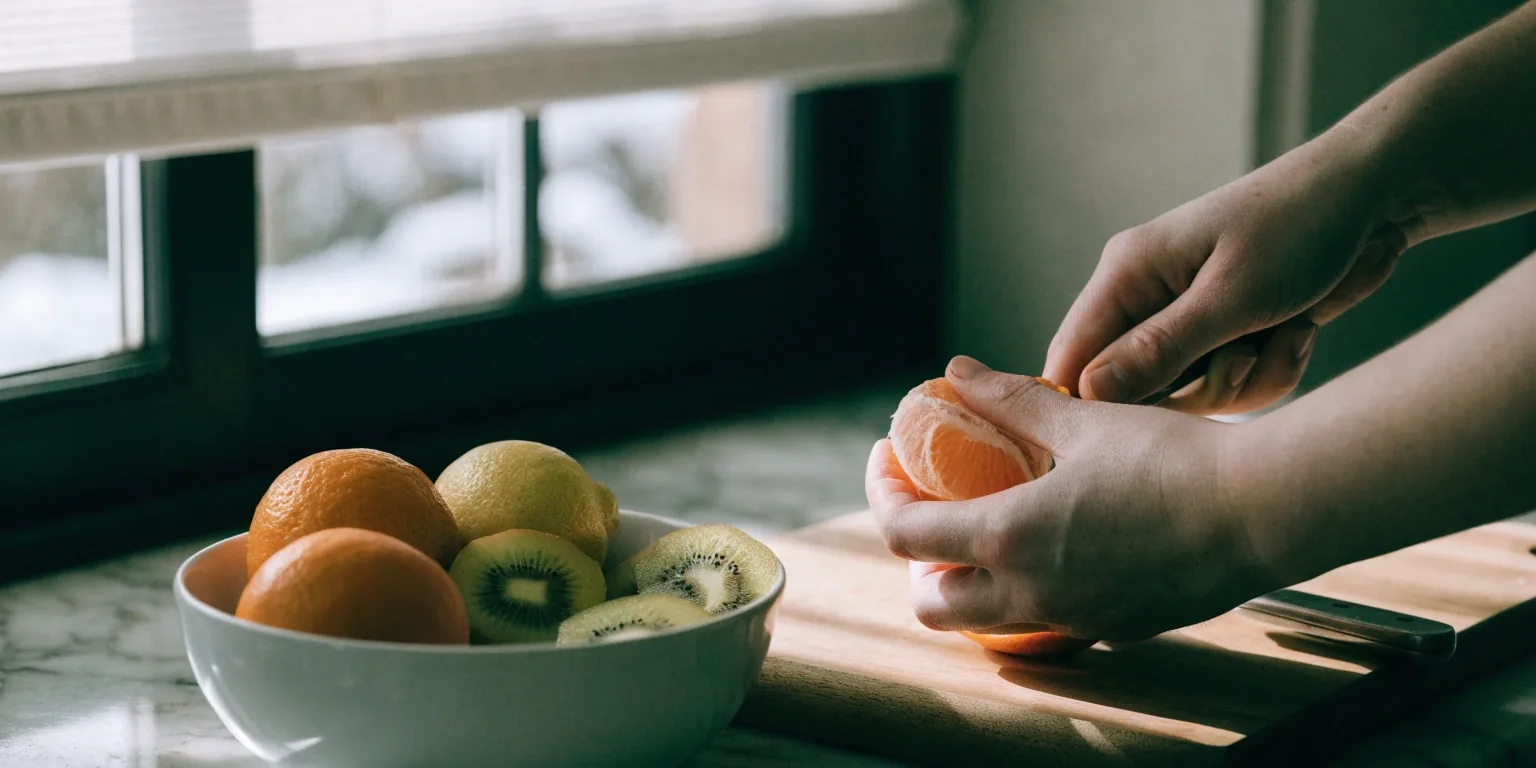 A crate of clementines, oranges, lemons and halved kiwis on a winter kitchen counter