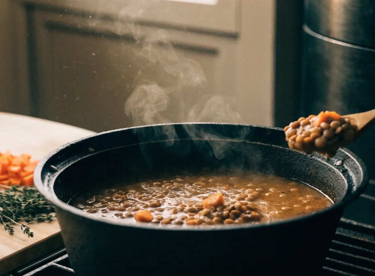 A cast-iron pot of lentil stew with a wooden spoon lifting a portion beside chopped carrots