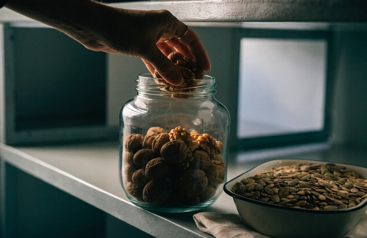 An open jar of walnuts beside a dish of pumpkin and sunflower seeds on a linen cloth
