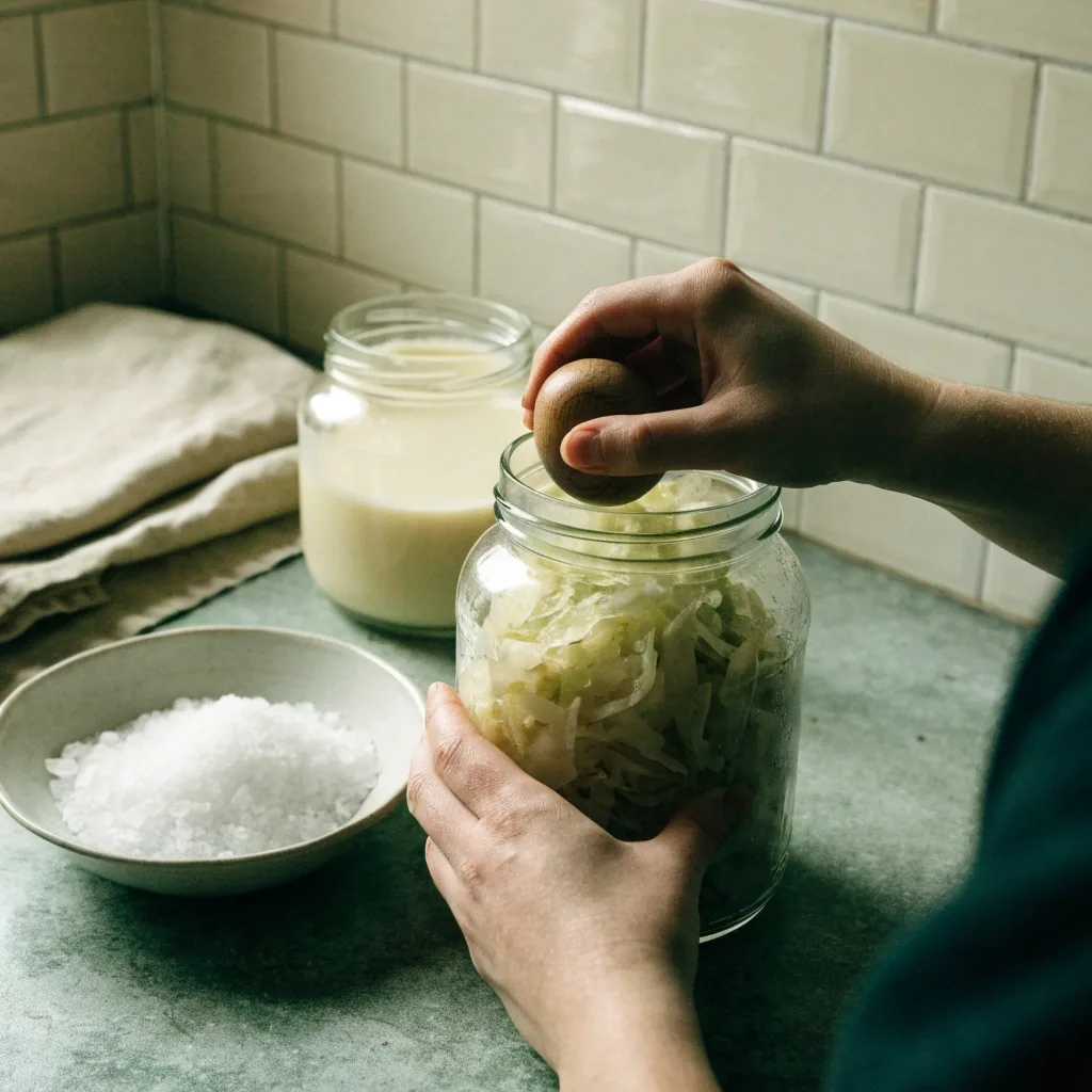 A jar of fermented cabbage with a wooden weight on a French kitchen counter in late-afternoon light