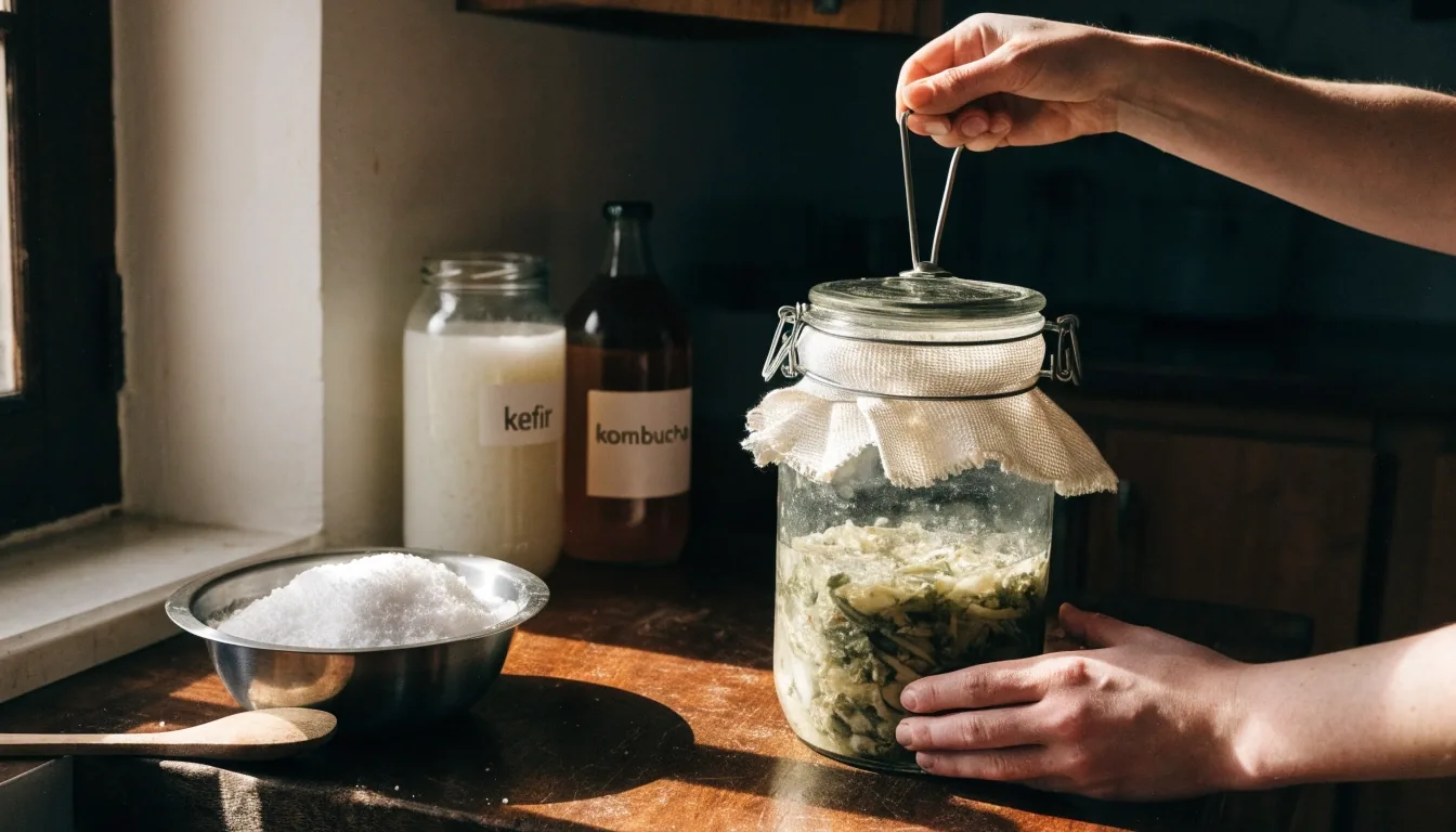 Jars of milk kefir and raw sauerkraut on a wooden kitchen table in a French home
