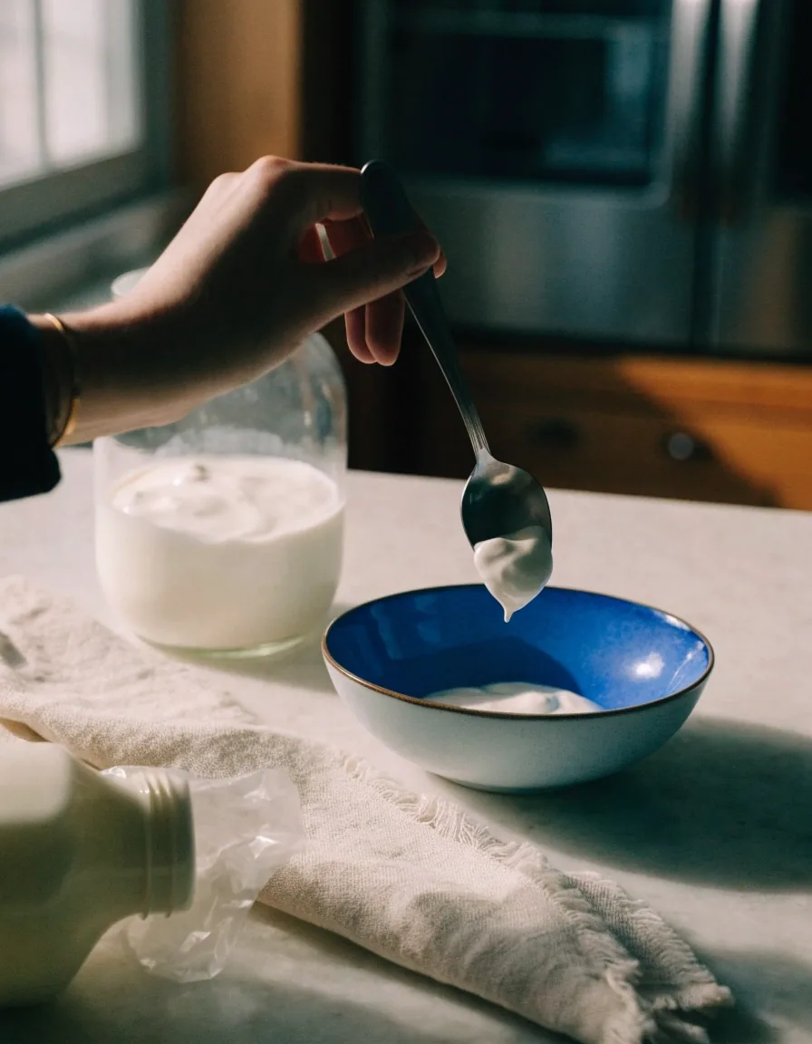 Plain yogurt being spooned from a glass jar into a bowl on a pale kitchen counter