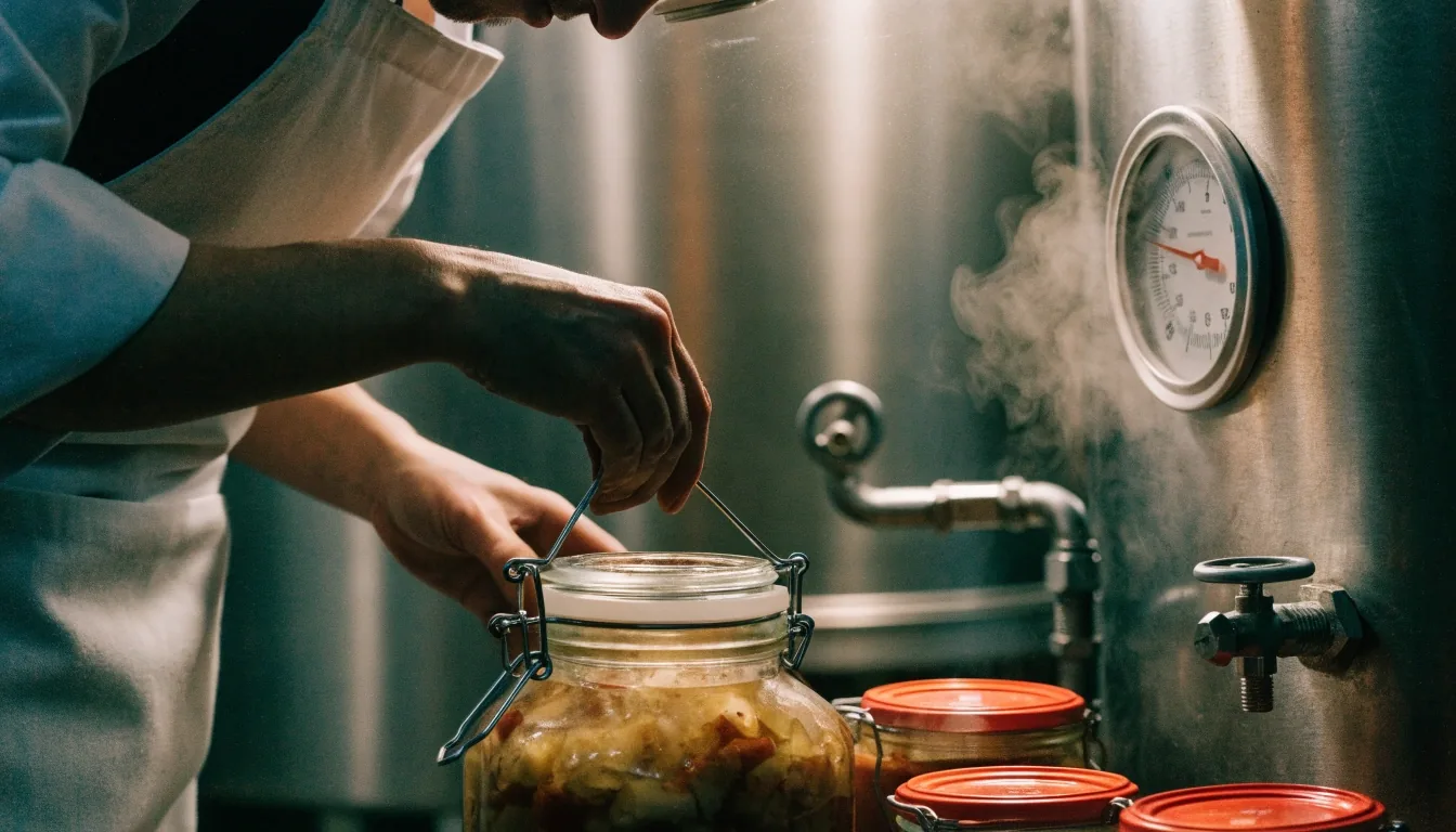 Stainless steel pasteurisation equipment in a small food workshop with stea
m overhead