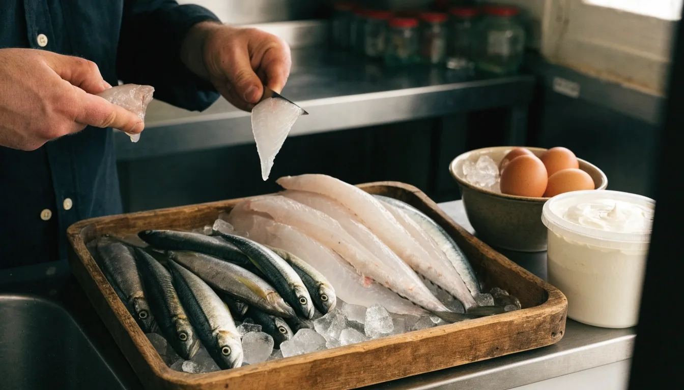 A French market fish stall with mackerel, sardines, eggs and dairy on a cool autumn morning
