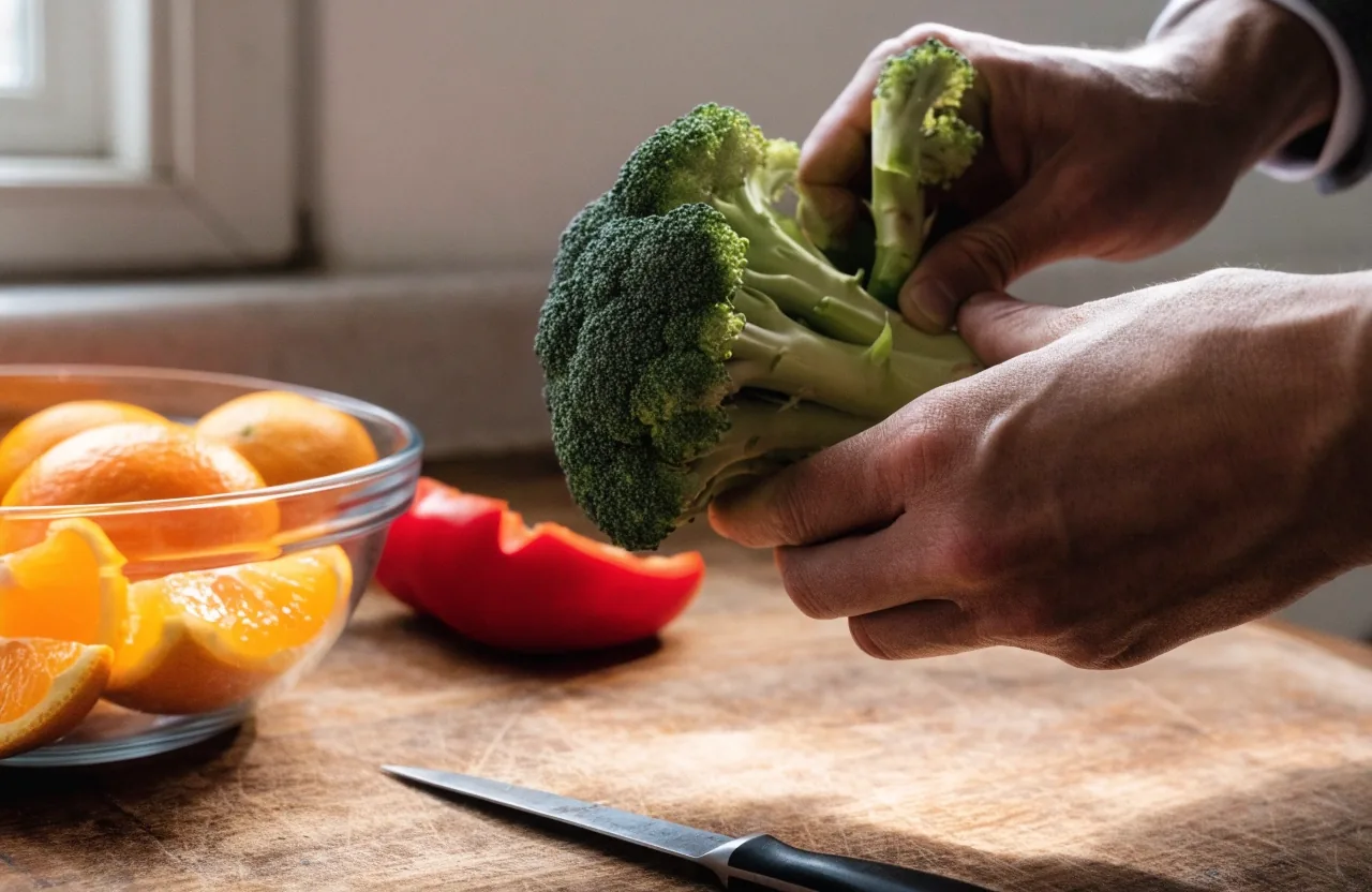 Hands breaking apart broccoli beside halved oranges and sliced pepper