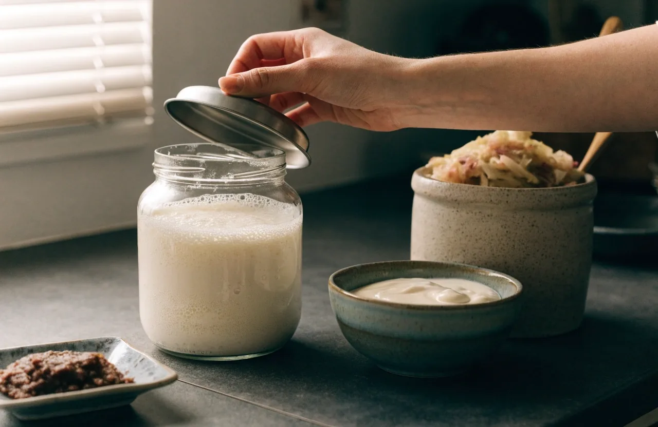 Yogurt, kefir, sauerkraut and miso arranged on a home kitchen counter