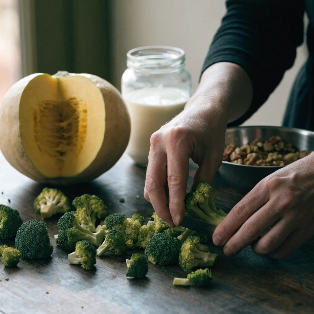 Autumn shopping on a French kitchen worktop: broccoli, halved squash, shelled walnuts and citrus fruit in cold window light