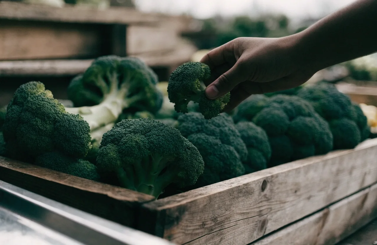 Fresh broccoli heads in a market crate, a hand breaking off a floret in cold daylight