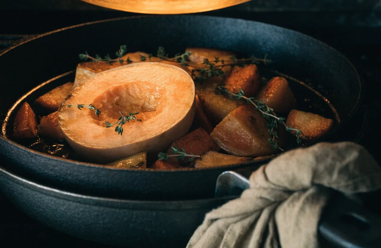 Halved squash and root vegetables roasting on a metal tray with thyme and olive oil