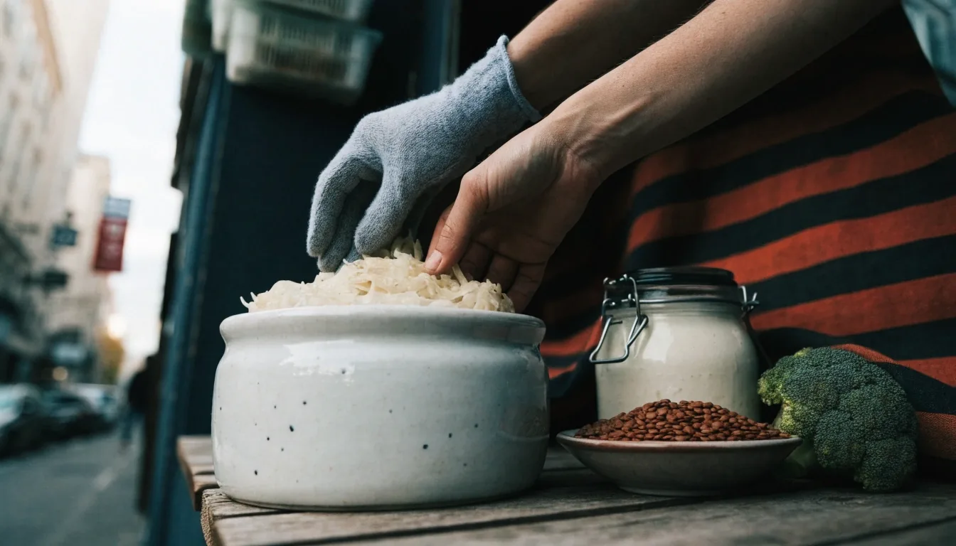 Fresh vegetables, yogurt and lentils arranged on a wooden kitchen counter in soft window light